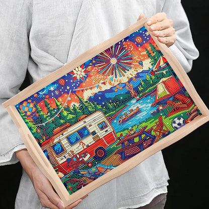 DOTSOPS 5D Diamond Art Kits for Adults Wooden Serving Tray with Handle Special Diamond Painting Plate Big Gem Dots Paint by Numbers Crafts Kits for Living Room Carnival 10 x 14 Inches