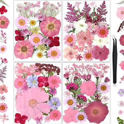 85Pcs Pink Dried Flowers for Crafts, Natural Pressed Flowers for Crafts Real Dried Pressed Flowers Dry Leaves for Resin, DIY Art, Scrapbook, Nails Decor, Jewelry, Candle & Soap Making, with Tweezers