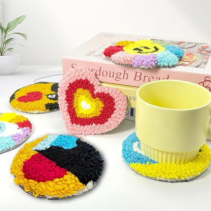 SEREDH Punch Needle Coasters Kit for Beginners Adults Easy Needle Punch Embroidery Kit Set Threader Instruction Fabric Hoop Yarn Tufting Coaster DIY Making,Coaster Holder Coaster Art Craft Supplies