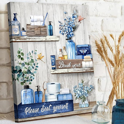 WANGTIAO Navy Blue Shelf Pattern Bathroom Canvas Wall Art Rustic Grey Wood Grain Wall Paintings Please Seat Yourself Sign Prints Pictures Vintage Aesthetic Bathroom Poster Artwork Home Decor 16"x24"