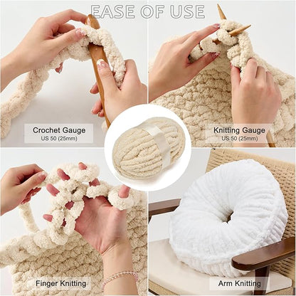 ERLYEEN Chenille Chunky Yarn Super Bulky Soft Thick Fluffy Jumbo Giant Washable Polyester Big Yarn DIY for Arm Knit Blanket Cushion Bed Sofa Home Decor,Beige,2.2LB