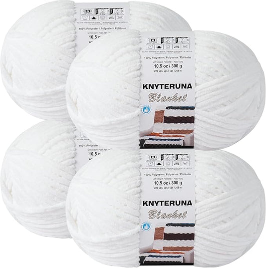 #6 Super Bulky Blanket Yarn for Crocheting - 4 Skeins(Each 10.5oz/300g, 220yds/201m), Chunky Chenille Thick Plush Big Soft Yarn for Crocheting Knitting Blankets, Pure White