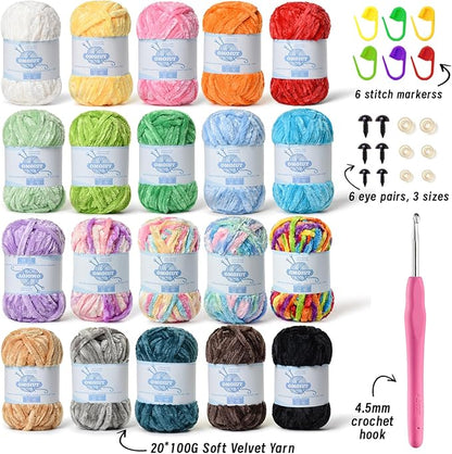 20 Pack 984 (yd) Chunky Chenille Yarn for Crocheting and Hand Knitting with Black Red White Green Yellow Rainbow Plush Velvet Yarn，Baby Blanket Yarn for Crocheting Soft Amigurumi Yarn
