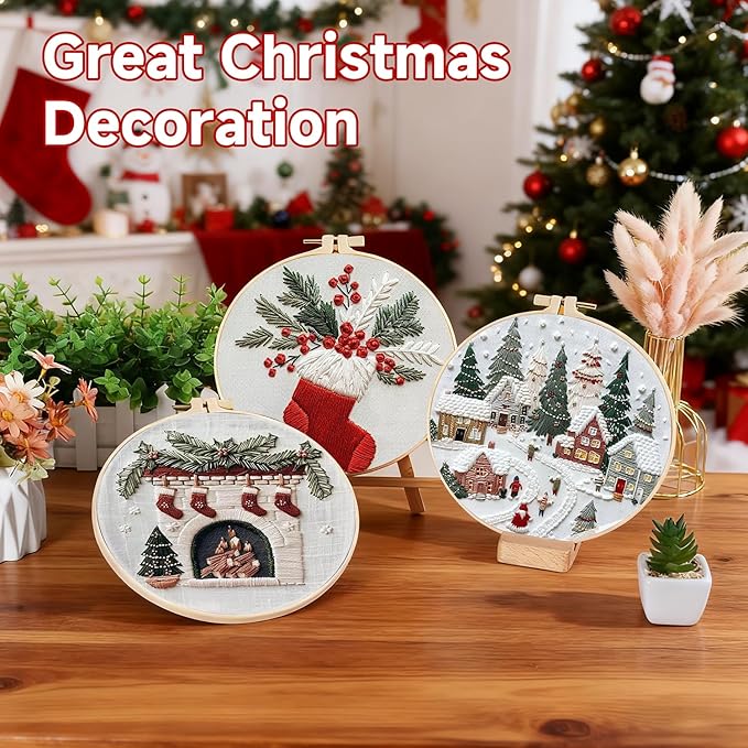 TPZBWG Christmas Embroidery Kit, 4 Pack Cross Stitch Kits,DIY Embroidery Starter Kit for Adults & Beginners, DIY Needlepoint Kit with Embroidery Hoop Thread Needle for Craft Lover Birthday Gifts 2