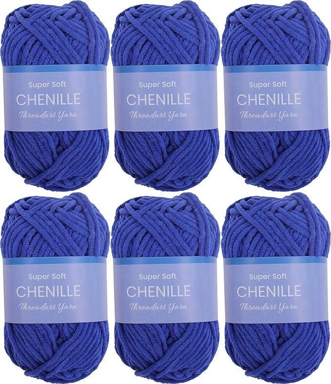 6 Pack ThreadArt Chenille Yarn for Crocheting, Knitting, Amigurumi, Super Soft Plush Velvet Yarn - 50 Gram 60 yds #5 Fluffy Yarn Skeins - Royal Blue 10