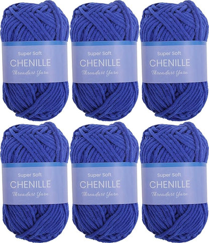 6 Pack ThreadArt Chenille Yarn for Crocheting, Knitting, Amigurumi, Super Soft Plush Velvet Yarn - 50 Gram 60 yds #5 Fluffy Yarn Skeins - Royal Blue 10
