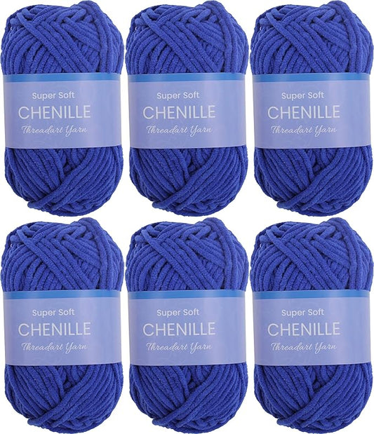 6 Pack ThreadArt Chenille Yarn for Crocheting, Knitting, Amigurumi, Super Soft Plush Velvet Yarn - 50 Gram 60 yds #5 Fluffy Yarn Skeins - Royal Blue 10