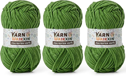 3 Pack Soft Chenille Yarn for Crocheting, Fluffy Chunky Crochet Yarn for Baby Blanket, (5.29oz/196.8yds) Fuzzy Velvet Yarn for Amigurumi&DIY Puzzle、Crafts、Scarf(3 Army Green)