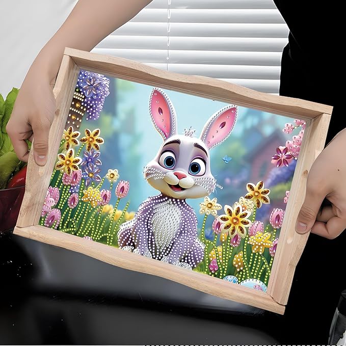 DIY Diamond Art Wooden Tray Kit, Food Tray with Handle Diamond Painted Table Decoration Tray, for Breakfast, Bar Dinner Table Diamond Dots Gem Painting Art Set for Beginners-#39-Easter Bunny