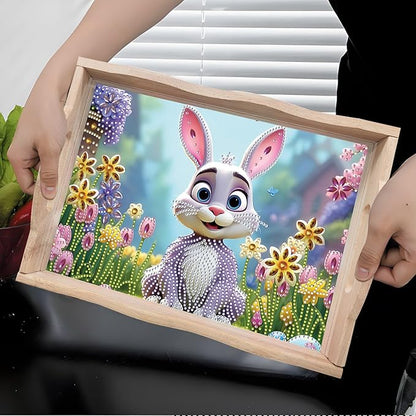 DIY Diamond Art Wooden Tray Kit, Food Tray with Handle Diamond Painted Table Decoration Tray, for Breakfast, Bar Dinner Table Diamond Dots Gem Painting Art Set for Beginners-#39-Easter Bunny