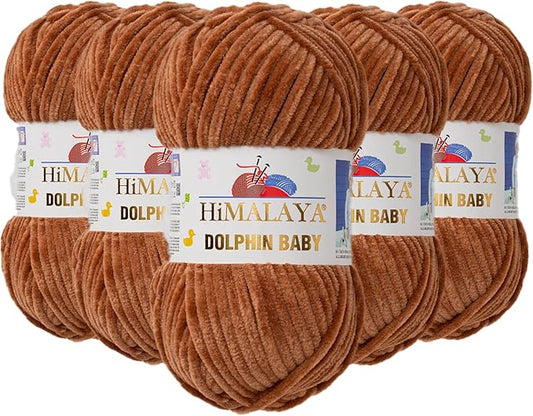 5 Skein/Pack Himalaya Dolphin Baby Chenille Yarn, Each Ball 100 gr (3.5 oz), 120 m (132 Yards), 100% Polyester, Super Bulky Baby Blanket Velvet Amigurumi Yarn, 80337 - Brown