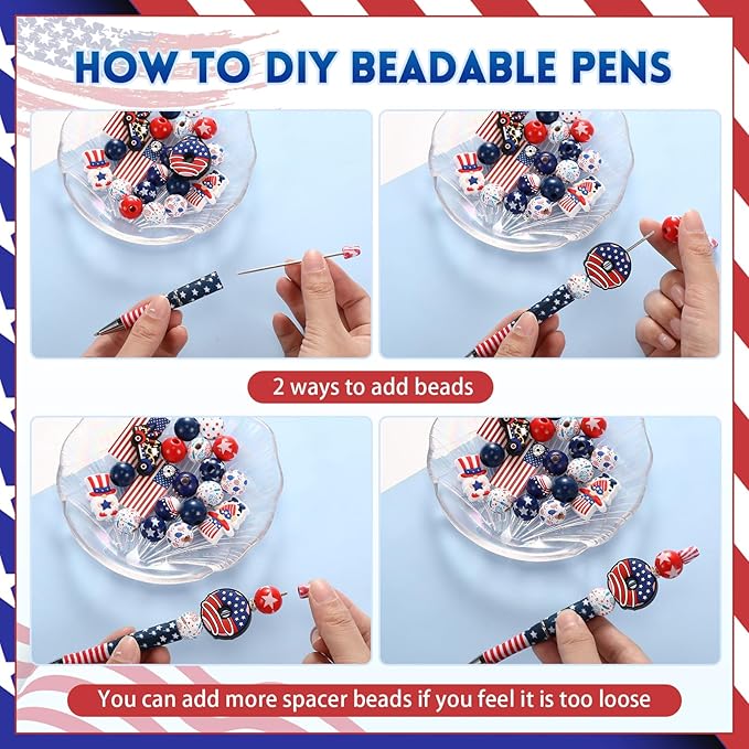 Geyee 12 Set Plastic Beadable Pens Assorted Bead Pens Crystal Wood Round Spacer Set Black Ink DIY Ballpoint for Women Men Gift Office Supplies(American Flag)