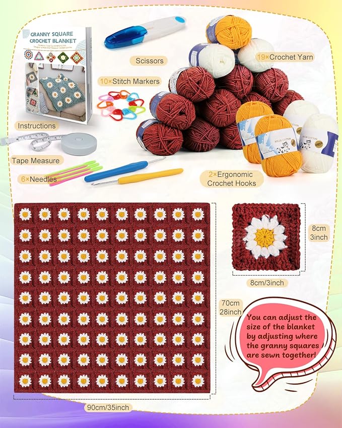 Coopay Crochet Kit Beginners for Blanket, Granny Squares Crochet Blanket Kit with Instructions & Enough Yarn, Complete Crocheting Starter Set Easy Learn to Knitting Blanket for Adults (Roman Red)