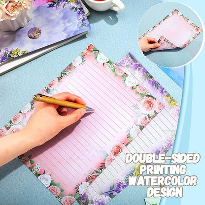 TaoBary 160 Pcs Stationery Paper Set 50 Double Sided Stationery Papers with 50 Matching Envelopes and 60 Round Dot Sticker, 10 Design(Flower,8.5 x 11 Inch)