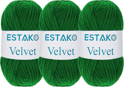 Estako Velvet (3- Skeins Pack) Chenille Blanket amigurumi Yarn for Crocheting and Knitting Super Bulky 3x100 gr (3x132 yds) (1910 - Green)