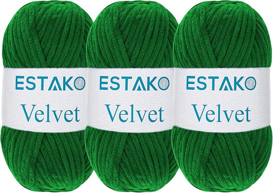 Estako Velvet (3- Skeins Pack) Chenille Blanket amigurumi Yarn for Crocheting and Knitting Super Bulky 3x100 gr (3x132 yds) (1910 - Green)