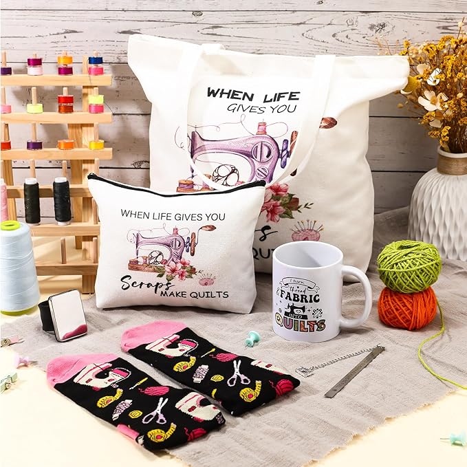 Baderke 6 Pcs Sewing Gifts for Seamstress Include Canvas Bag Cosmetic Bag 11 oz Coffee Mug Bookmark Socks and Pin Cushion for Quilters Sewing Lovers Christmas Gift