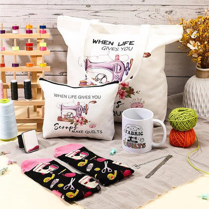 Baderke 6 Pcs Sewing Gifts for Seamstress Include Canvas Bag Cosmetic Bag 11 oz Coffee Mug Bookmark Socks and Pin Cushion for Quilters Sewing Lovers Christmas Gift