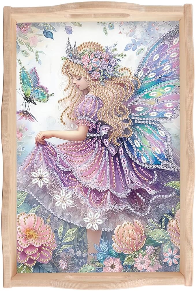 JISHSHAY Diamond Art Serving Tray Diamond Painting Food Tray Gem Art Serving Platter Gem Painting Mosaic Kits for Adults DIY Kits for Adults, with Wood Handle 20×30cm/7.87×11.81in, Elf Fairy
