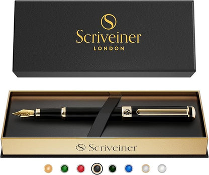 Scriveiner Luxury Fountain Pen - Stunning Black Lacquer Pen, Real Gold Finish, Schmidt Gilded Nib (Medium), Converter, Best Pen Gift Set for Men & Women, Professional, Executive, Office, Nice Pens