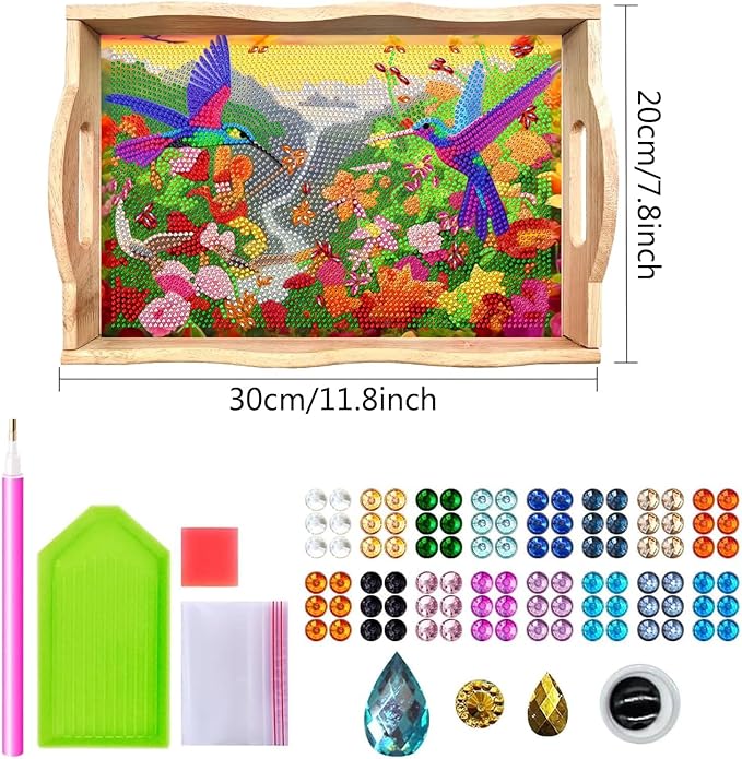 DOTSOPS 5D Diamond Art Kits for Adults Wooden Serving Tray with Handle Special Diamond Painting Plate Big Gem Dots Paint by Numbers Crafts Kits for Living Room Mandala 7.8x11.8 Inches
