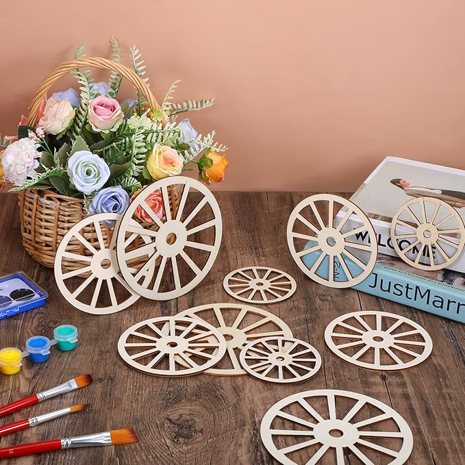 Wooden Wheels for Crafts, 15Pcs 3 Sizes Unfinished Wood Wagon Wheel Decor Blank Wood Slices Hanging Ornaments for DIY Home Party Decoration