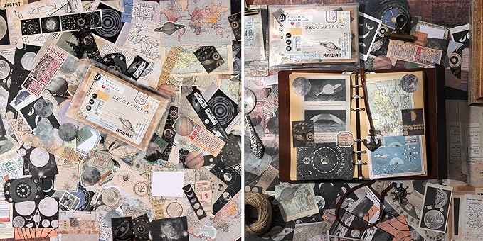 Draupnir 200pcs Vintage Junk Journal Supplies,Scrapbook Supplies Scrapbooking Paper and Stickers Ephemera for Art Aesthetic Journaling Kit Collage(Celestial)