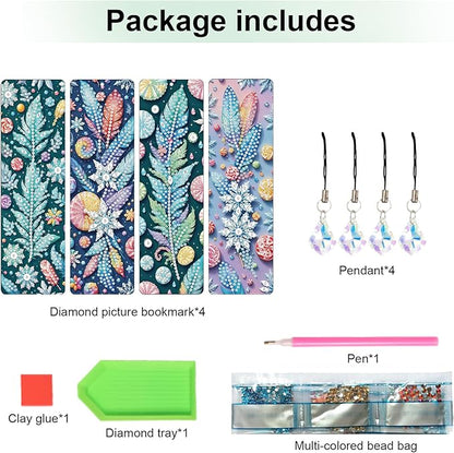 4 Pcs DIY 5D Diamond Painting Bookmark Kits, Special Shaped Acrylic Crystal Rhinestones Book Marks, Feather Diamond Art Bookmarks Crafts with Crystal Pendant, Handmade Tassel Bookmarks Gift Set