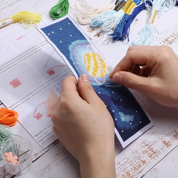 ORIGACH 6 Set Cross Stitch Bookmark Kit for Beginner Starry Sky Pattern DIY Stamped Embroidery Bookmark Kit with 20 Colors Embroidery Floss Instructions 8''x2.4''