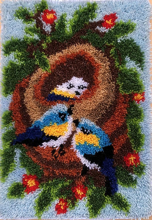 KitsMaster Heartwarming Bluebird & Baby Family Latch Hook Rug Kit, DIY Yarn Hooking Kit, Cozy Home Décor Craft Gift, 23.6''x15.8'' (Nest of Love)