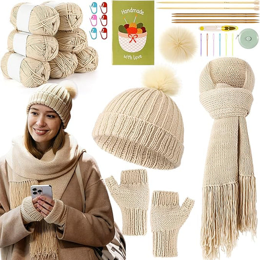 Maasechs Knitting Kit for Beginners, Learn to Knit Kit for Adults, Complete Hat, Scarf, Gloves Starter Bundle with Step-by-Step Instructions Includes Wool Yarn, Needles & Accessories(Light Khaki)