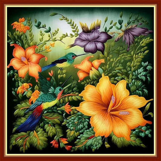 Findvoor Stamped Cross Stitch Kits for Beginners Full Range of Cross Stitching Embroidery Pattern for Adults, 11CT DIY Needlepoint Embroidery Starter Kits-Hummingbird Flowers 17.7x17.7 inch