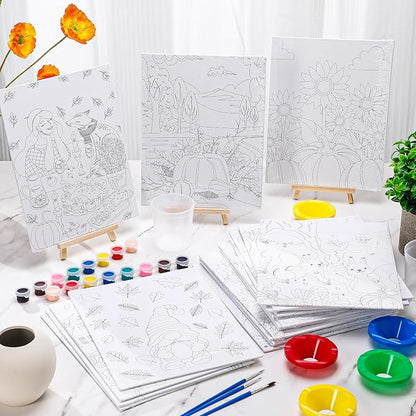 Sherr 140 Pcs 20 Set Thanksgiving Pre Drawn Canvas Kit for Painting Craft Autumn Fall Sip and Paint Kit for Adults Pre Printed Canvas Painting Favor for DIY Gifts Adult's Date Party, 8 x 10 Inches