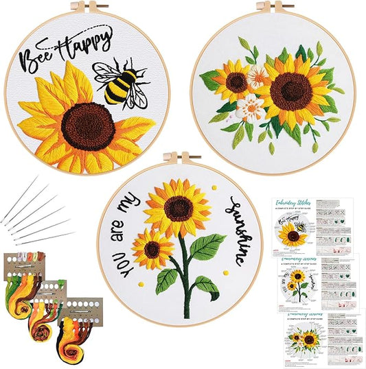 Louise Maelys 3 Sets Sunflowers Embroidery Kit for Beginners,Cross Stitch Kits for Adults with Summer Flowers Bee Stamped Pattern,Starters Needlepoint with Embroidery Instruction