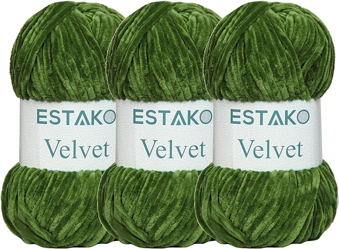 Estako Velvet (3- Skeins Pack) Chenille Blanket amigurumi Yarn for Crocheting and Knitting Super Bulky 3x100 gr (3x132 yds) (1940 - Grass)
