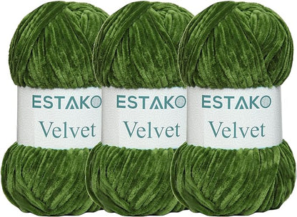 Estako Velvet (3- Skeins Pack) Chenille Blanket amigurumi Yarn for Crocheting and Knitting Super Bulky 3x100 gr (3x132 yds) (1940 - Grass)
