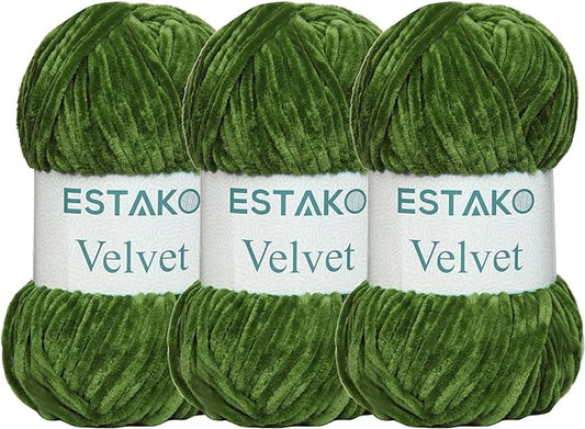 Estako Velvet (3- Skeins Pack) Chenille Blanket amigurumi Yarn for Crocheting and Knitting Super Bulky 3x100 gr (3x132 yds) (1940 - Grass)