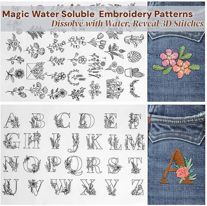 2026 Upgraded Embroidery Stitch Book & Complete Kit for Beginners | Includes 86 Tools,63 Water-Soluble Patterns & 106 Designs with Instructions | Portable Craft Set for Adults & DIY Lovers