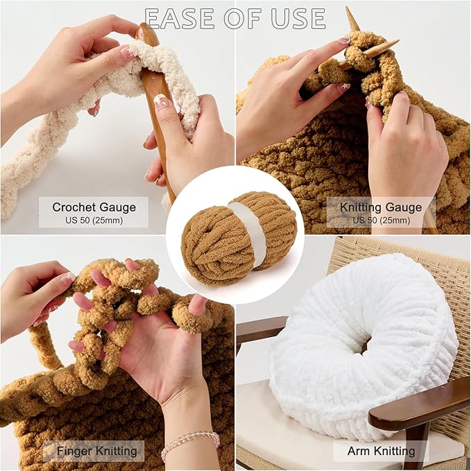 ERLYEEN Chenille Chunky Yarn Super Bulky Soft Thick Fluffy Jumbo Giant Washable Polyester Big Yarn DIY for Arm Knit Blanket Cushion Bed Sofa Home Decor,Khaki,0.55LB