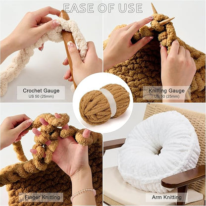 ERLYEEN Chenille Chunky Yarn Super Bulky Soft Thick Fluffy Jumbo Giant Washable Polyester Big Yarn DIY for Arm Knit Blanket Cushion Bed Sofa Home Decor,Khaki,0.55LB