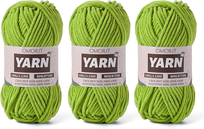Fluffy Chenille Yarn for Crocheting - Baby Yarn for Crocheting Soft Blanket - 3 Pack of 100g/(87.4yds) Crochet Amigurumi Chunky Yarns - Super Bulky 5 Velvet Yarns (3 Lime Green)
