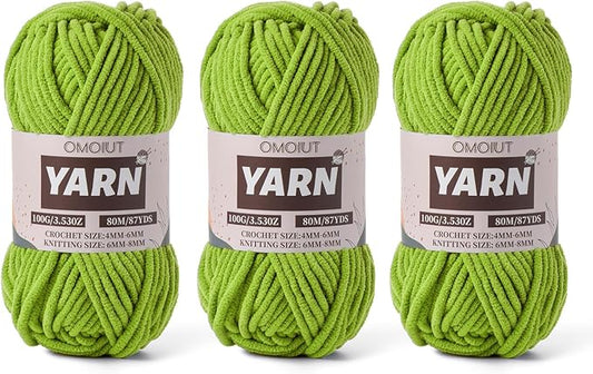 Fluffy Chenille Yarn for Crocheting - Baby Yarn for Crocheting Soft Blanket - 3 Pack of 100g/(87.4yds) Crochet Amigurumi Chunky Yarns - Super Bulky 5 Velvet Yarns (3 Lime Green)