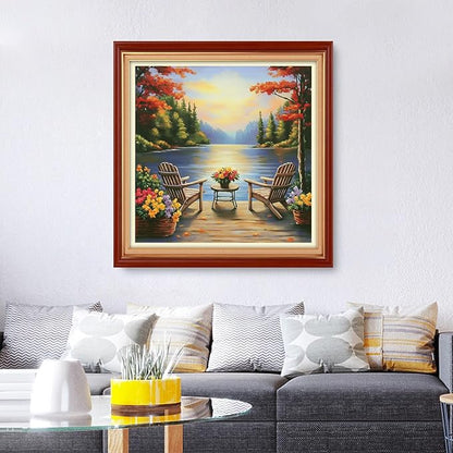 Foxhool Stamped Cross Stitch Kits,11CT Printed Cross Stitch Pattern Full Embroidery Kits for Beginner Needlepoint Kits&Resting Scenery by The Lake 18x18 inch