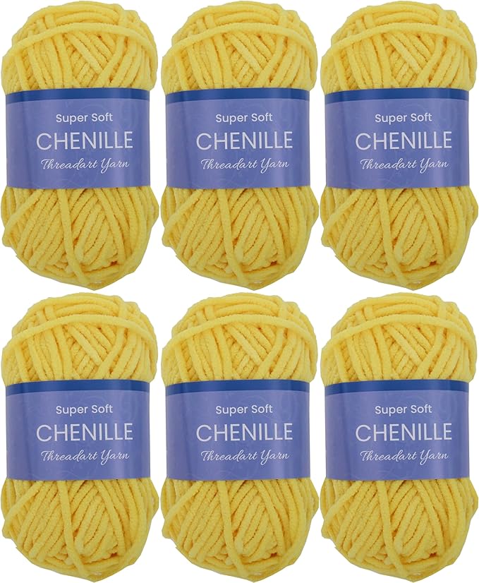6 Pack ThreadArt Chenille Yarn for Crocheting, Knitting, Amigurumi, Super Soft Plush Velvet Yarn - 50 Gram 60 yds #5 Fluffy Yarn Skeins - Yellow 07