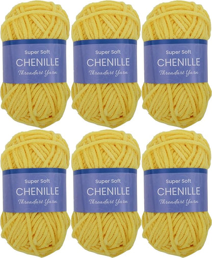 6 Pack ThreadArt Chenille Yarn for Crocheting, Knitting, Amigurumi, Super Soft Plush Velvet Yarn - 50 Gram 60 yds #5 Fluffy Yarn Skeins - Yellow 07