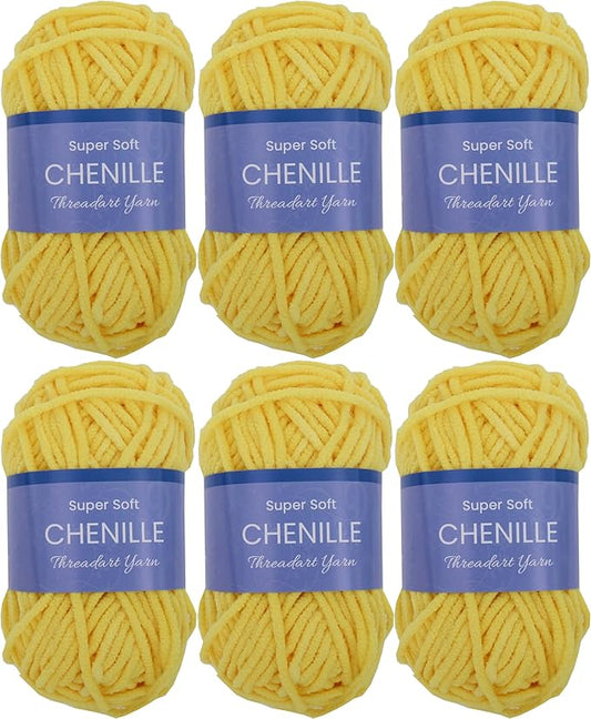 6 Pack ThreadArt Chenille Yarn for Crocheting, Knitting, Amigurumi, Super Soft Plush Velvet Yarn - 50 Gram 60 yds #5 Fluffy Yarn Skeins - Yellow 07