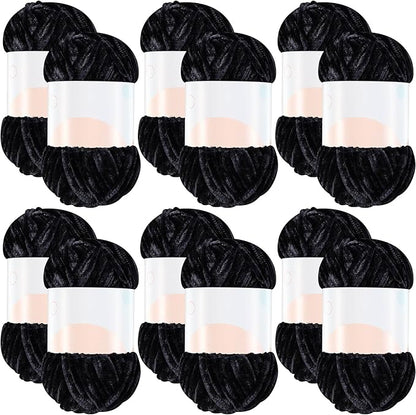 Xinnun 12 Skeins 1116 Yards Chenille Velvet Soft Thick Plush Yarn Bulk for Crocheting Knitting Blanket DIY Weaving Craft, 6mm, 3.5 Oz/Skein(Black)