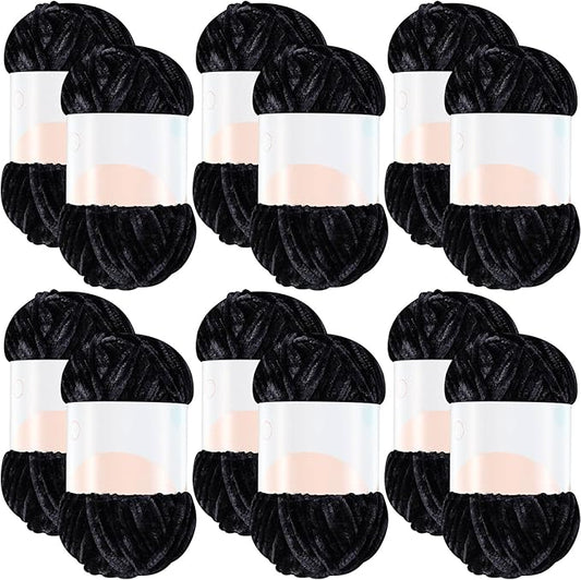 Xinnun 12 Skeins 1116 Yards Chenille Velvet Soft Thick Plush Yarn Bulk for Crocheting Knitting Blanket DIY Weaving Craft, 6mm, 3.5 Oz/Skein(Black)
