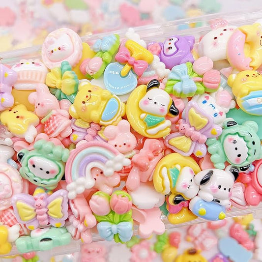 FULUSODO 60pcs Embellishments Cute Set, Flat Back Bulk Mixed Resin Ornament Scrapbooking Set