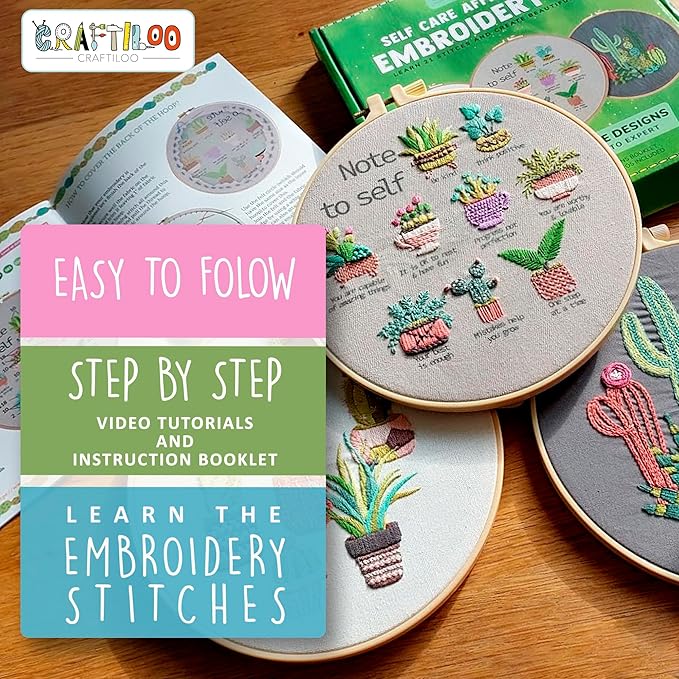 CRAFTILOO Embroidery Kits for Adults Hand Embroidery kit for Beginners with Stamped Embroidery Patterns Starter Embroidery Kit. Needlepoint kit Cross Stitch kit for Teens& Adults Cactus